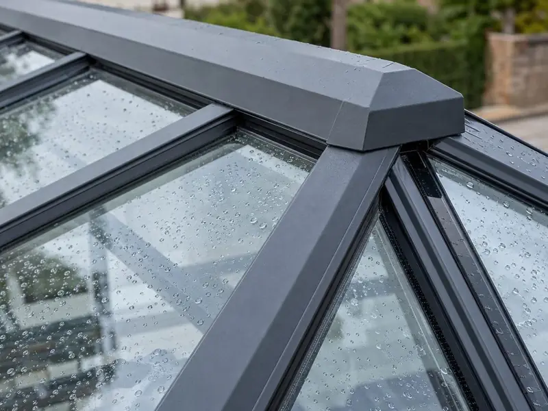 Close-up of a powder-coated aluminium lantern ridge with rain on the glass