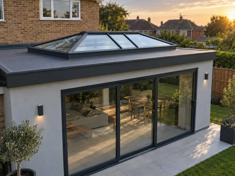 Anthracite grey roof lantern on a rendered extension at sunset