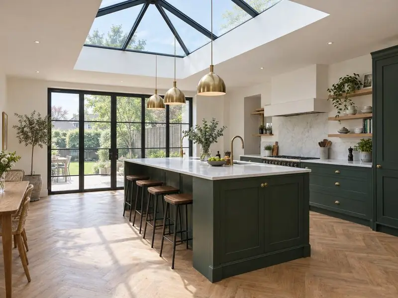 Kitchen extension with a black-framed roof lantern above a green island