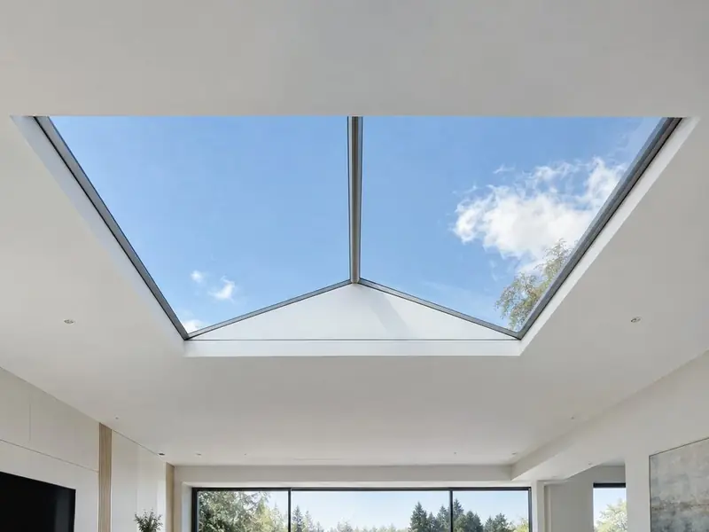 Looking up into a slim-framed contemporary roof lantern in a white ceiling