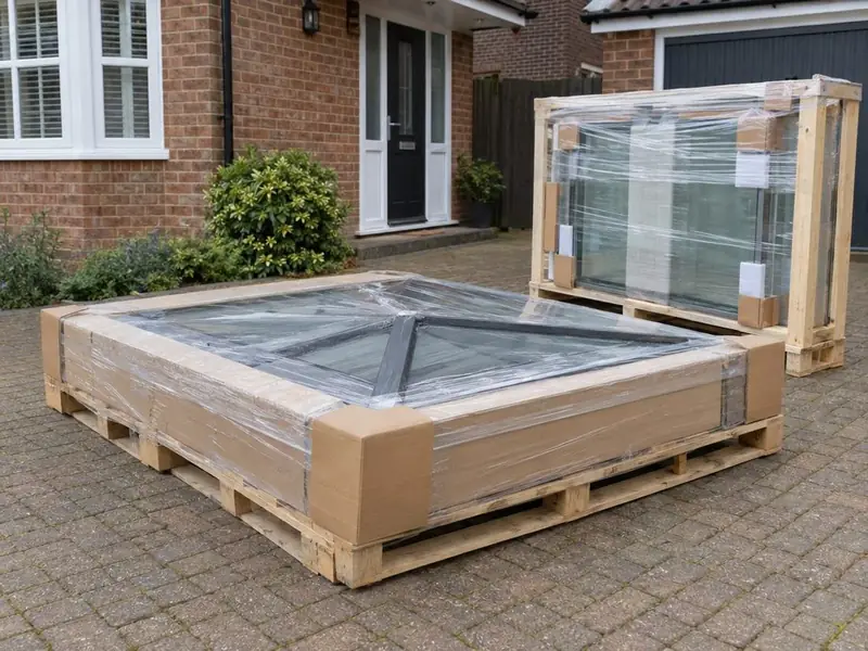 Roof lantern frame and glass delivered wrapped on pallets on a driveway
