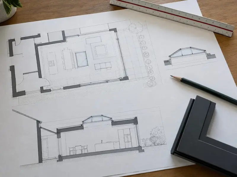 Extension plan and section drawings showing a roof lantern