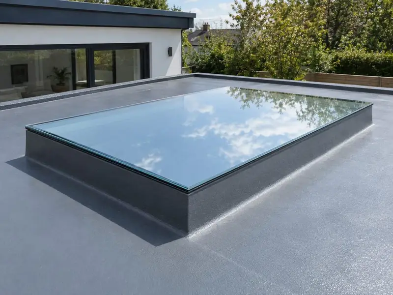 Frameless-look flat glass rooflight on an upstand on a flat roof