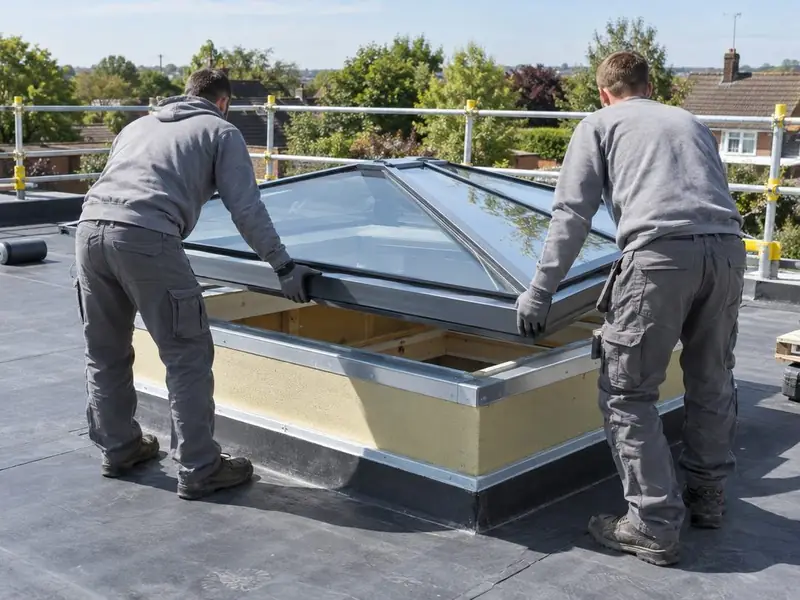 Two installers lowering a roof lantern frame onto an insulated upstand