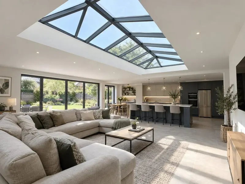 Large roof lantern with intermediate rafters over an open-plan living space