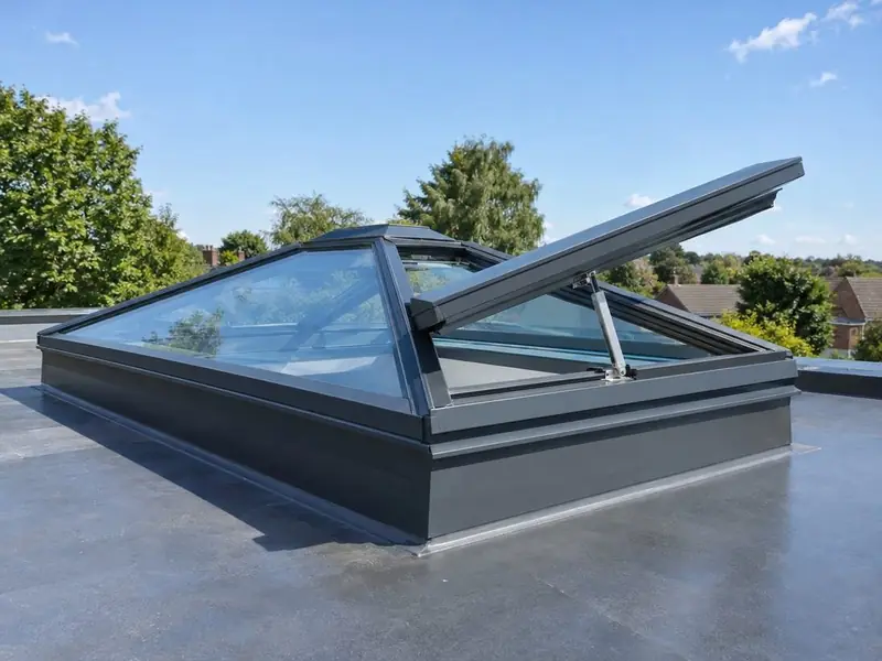 Roof lantern with an electric vent panel open on its actuator