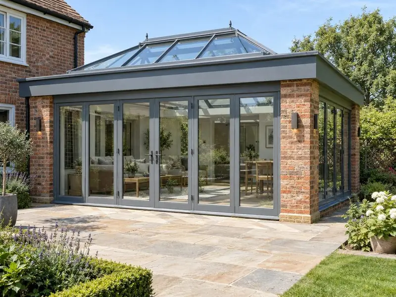 Orangery extension with brick piers and a central glazed roof lantern