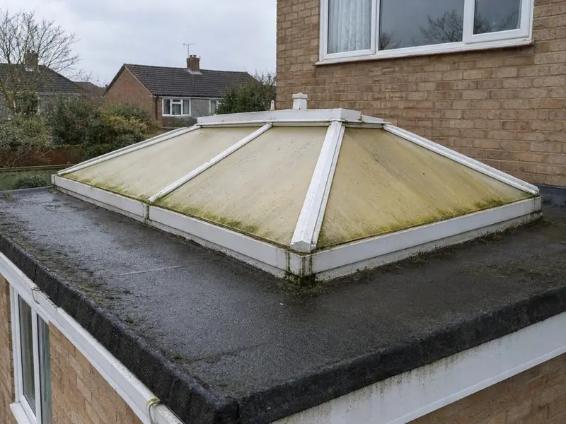 Old discoloured polycarbonate roof lantern on a felt flat roof