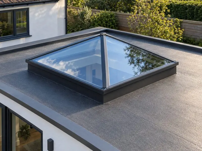 Square pyramid roof lantern with black frames on a flat roof