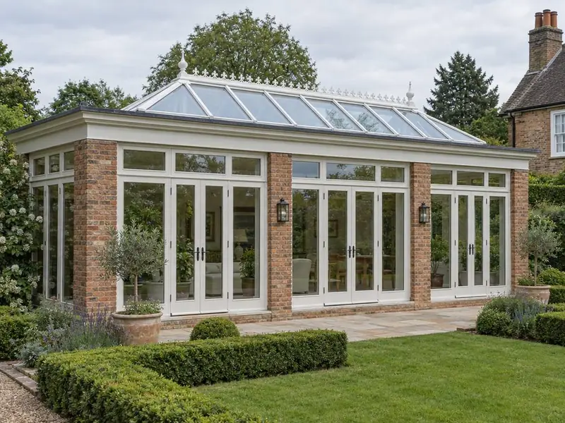 Traditional white roof lantern with ridge cresting and finials on an orangery