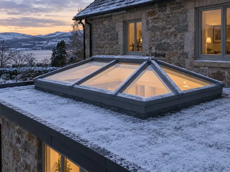 Grey roof lantern on a stone house with light snow on the roof at dusk