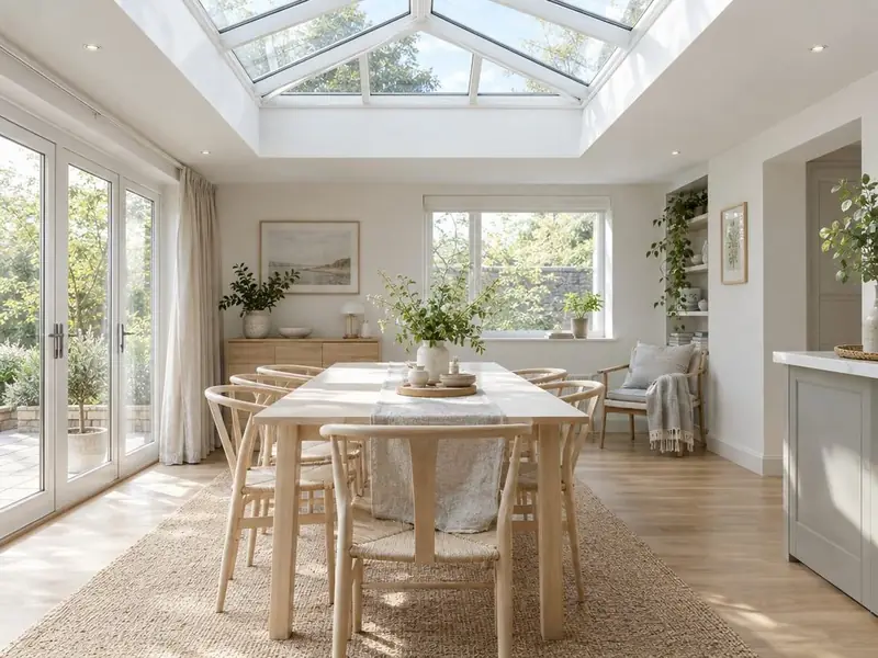 Bright dining area under a white-framed roof lantern